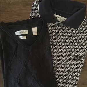 Tehama Black V-Neck Sweater and Geometric Polo